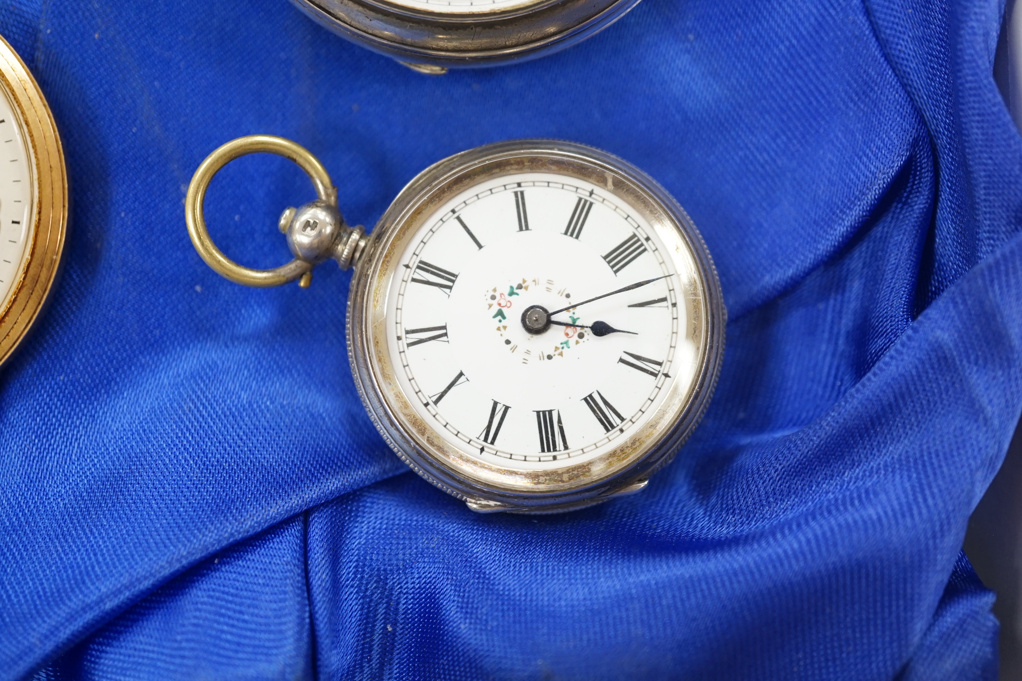 Two silver albert chains, including graduated link and silver gilt(worn), largest 40cm, together with eight assorted pocket or fob watches including silver, white metal and gold plated.